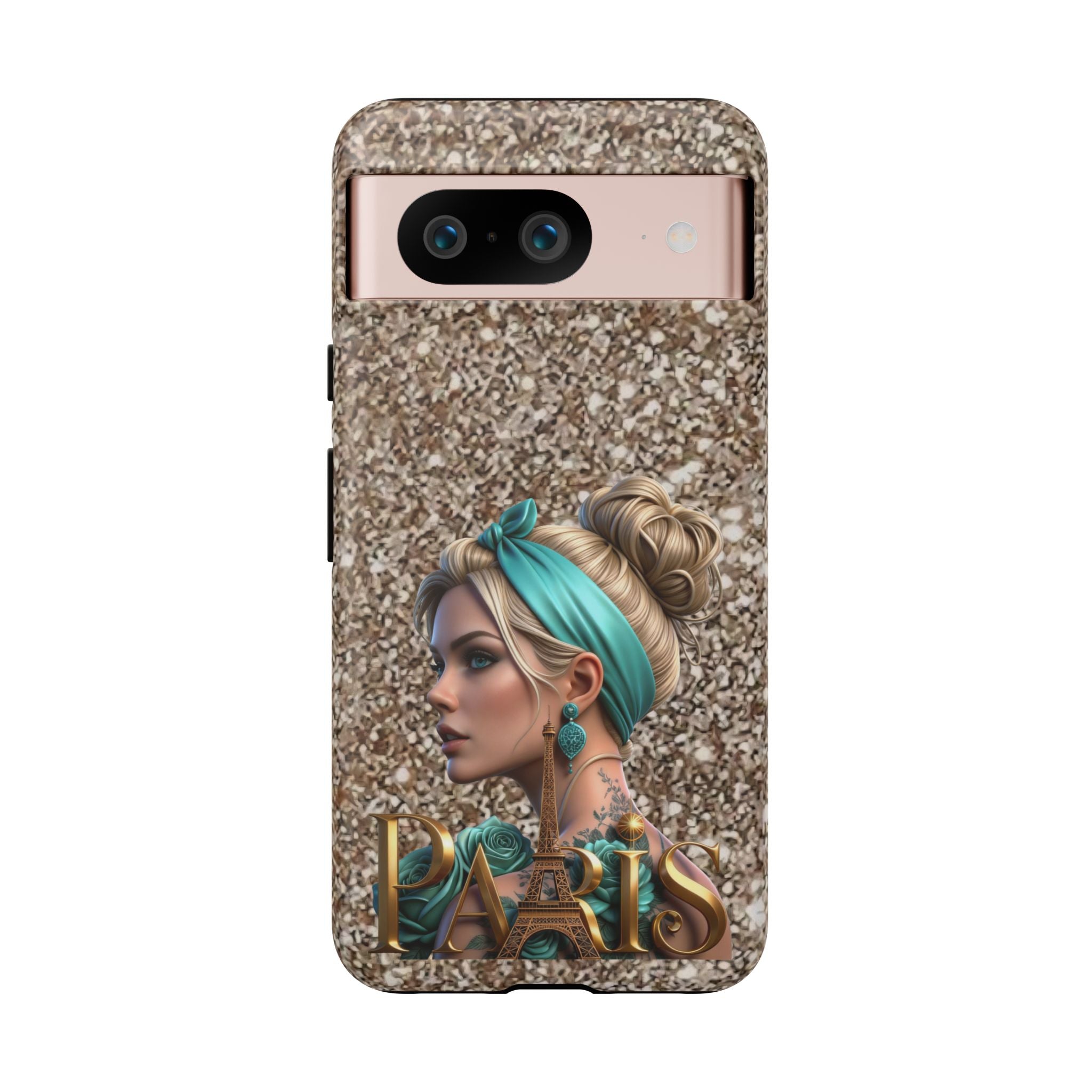 Parisian Glam Phone Case — Retro Pin-Up Girl with Teal Headscarf on Glitter Background Printify