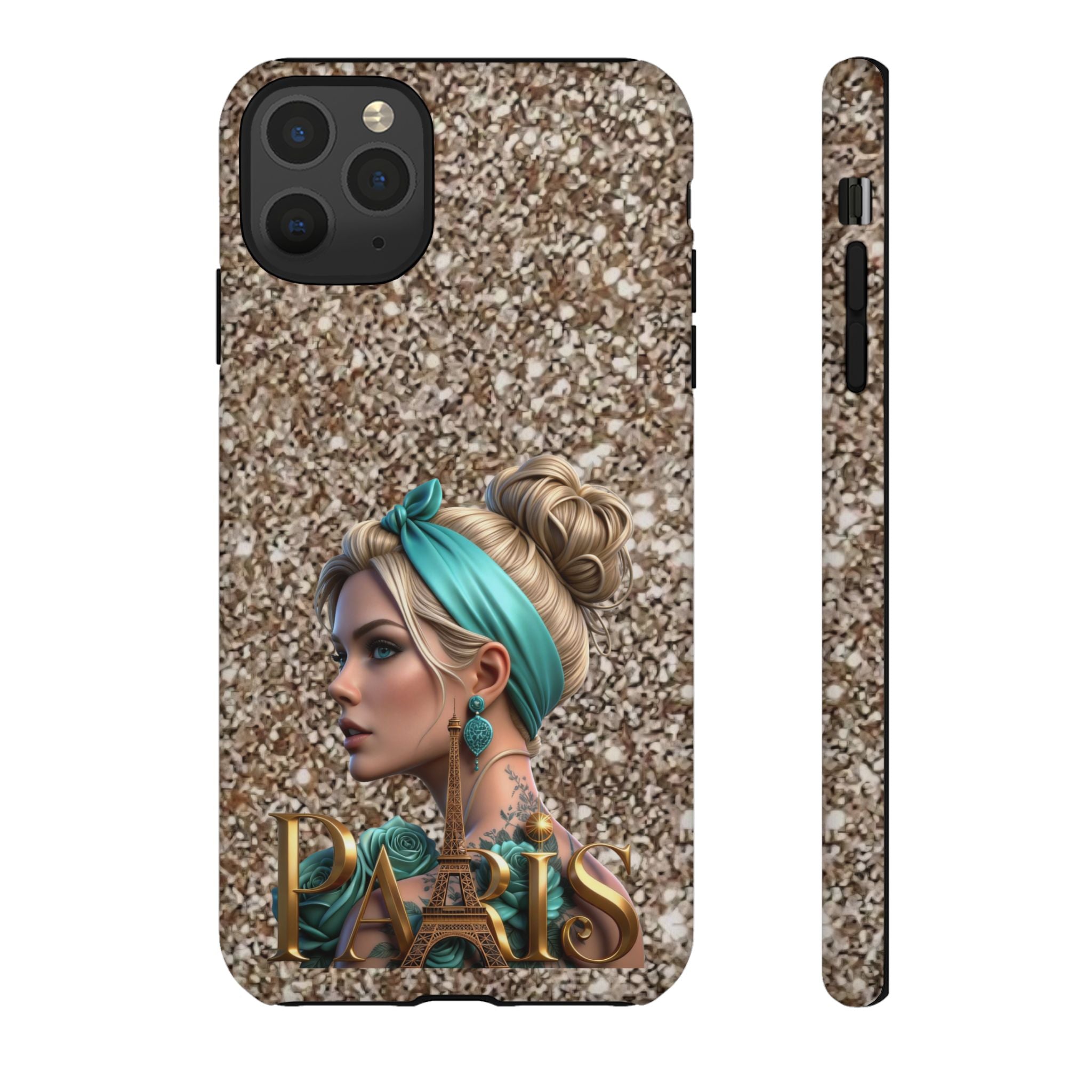 Parisian Glam Phone Case — Retro Pin-Up Girl with Teal Headscarf on Glitter Background Printify