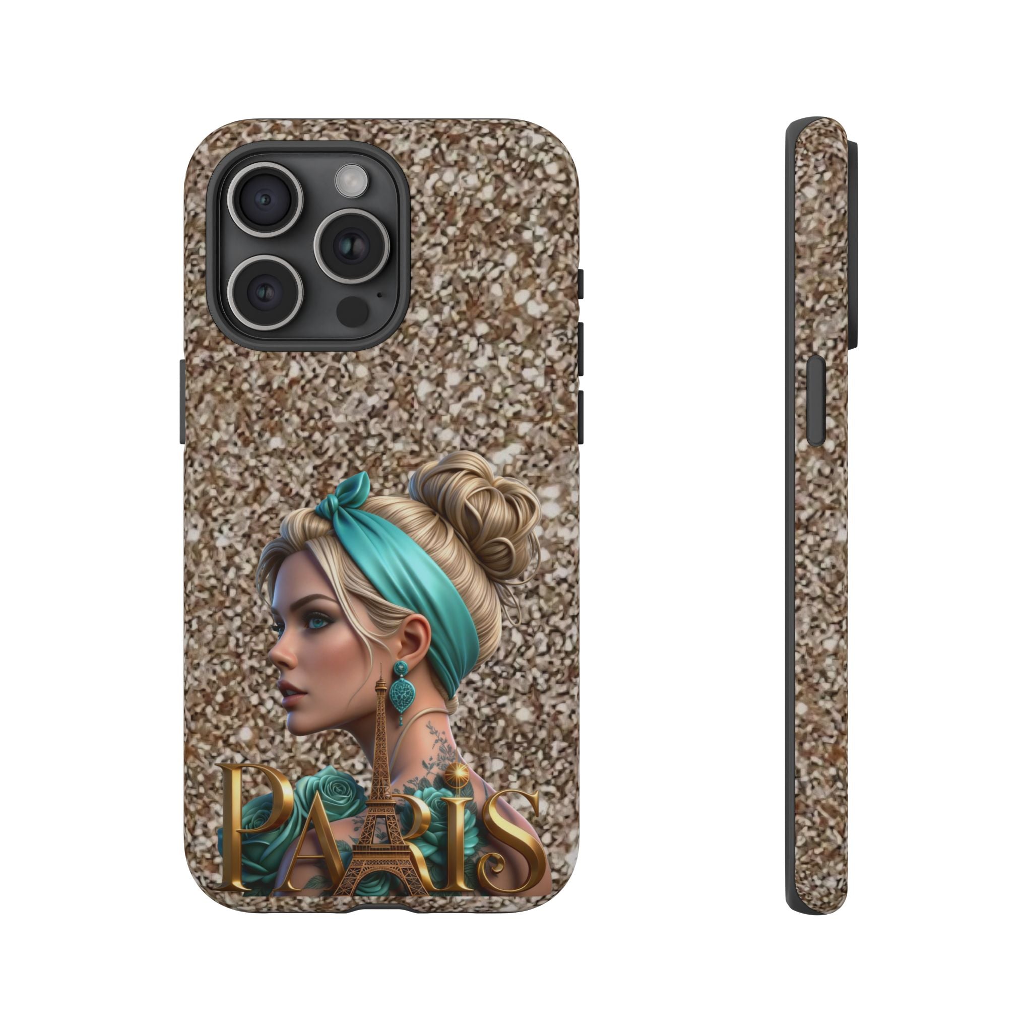 Parisian Glam Phone Case — Retro Pin-Up Girl with Teal Headscarf on Glitter Background Printify