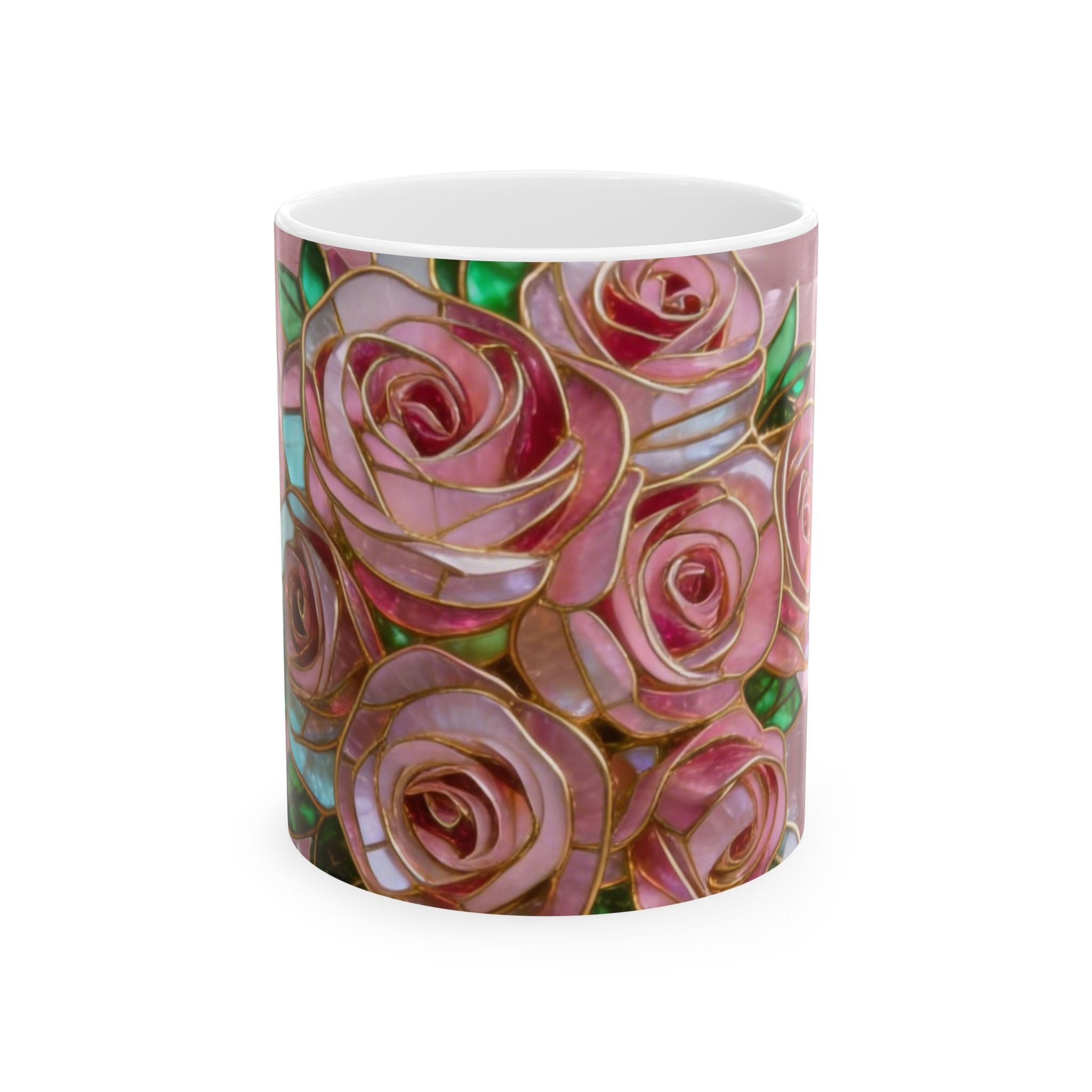 Pink Rose Pattern Ceramic Mug – Floral Vintage Stained-Glass Design (11oz & 15oz) Printify