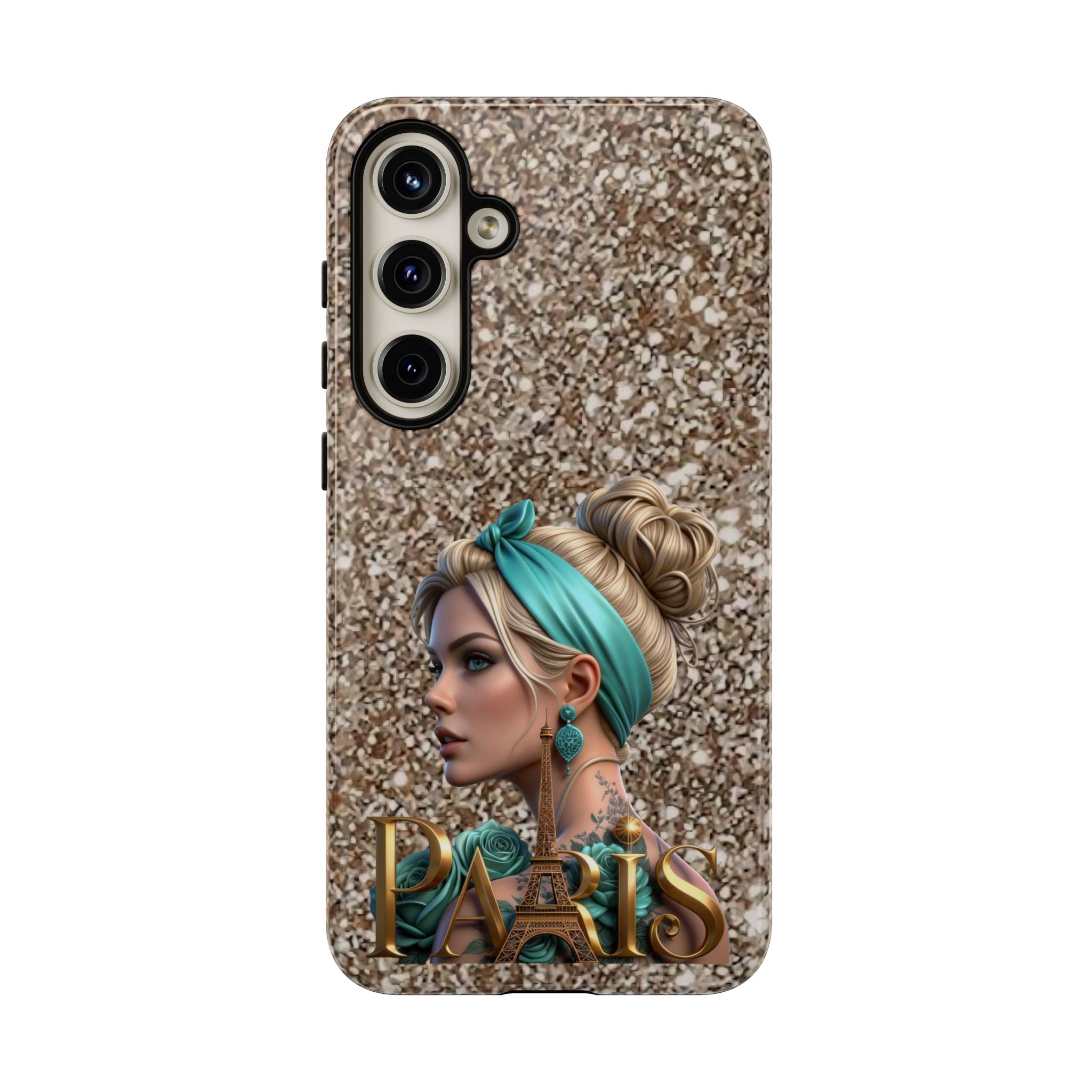Parisian Glam Phone Case — Retro Pin-Up Girl with Teal Headscarf on Glitter Background Printify