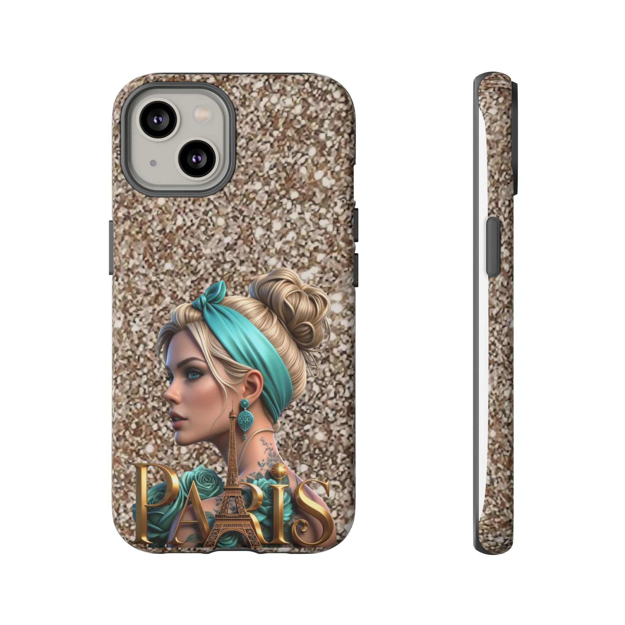 Parisian Glam Phone Case — Retro Pin-Up Girl with Teal Headscarf on Glitter Background Printify