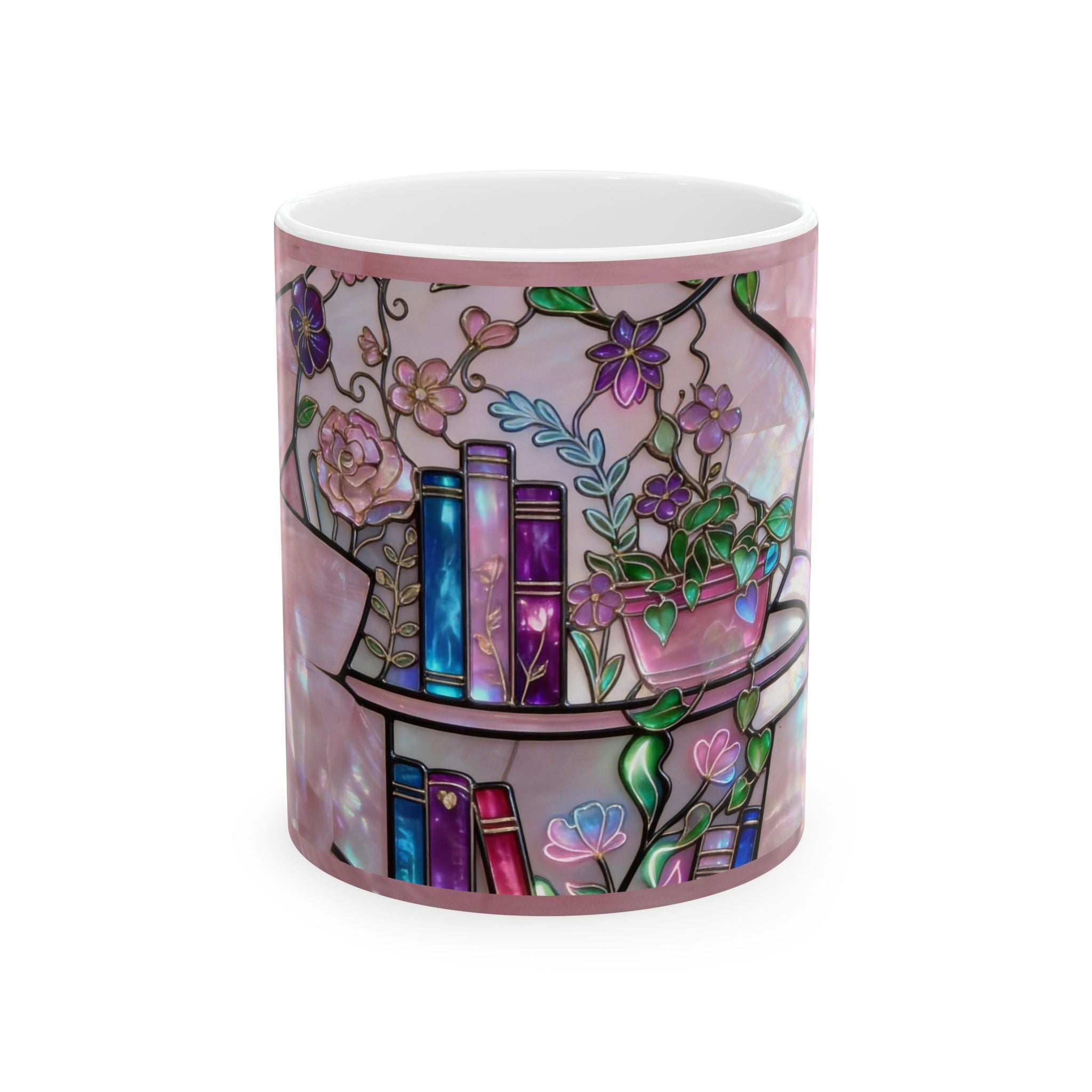 Color Glass Bookshelf  Mug — Pink Stained-Glass Book Lover Coffee Cup (11oz/15oz) Printify