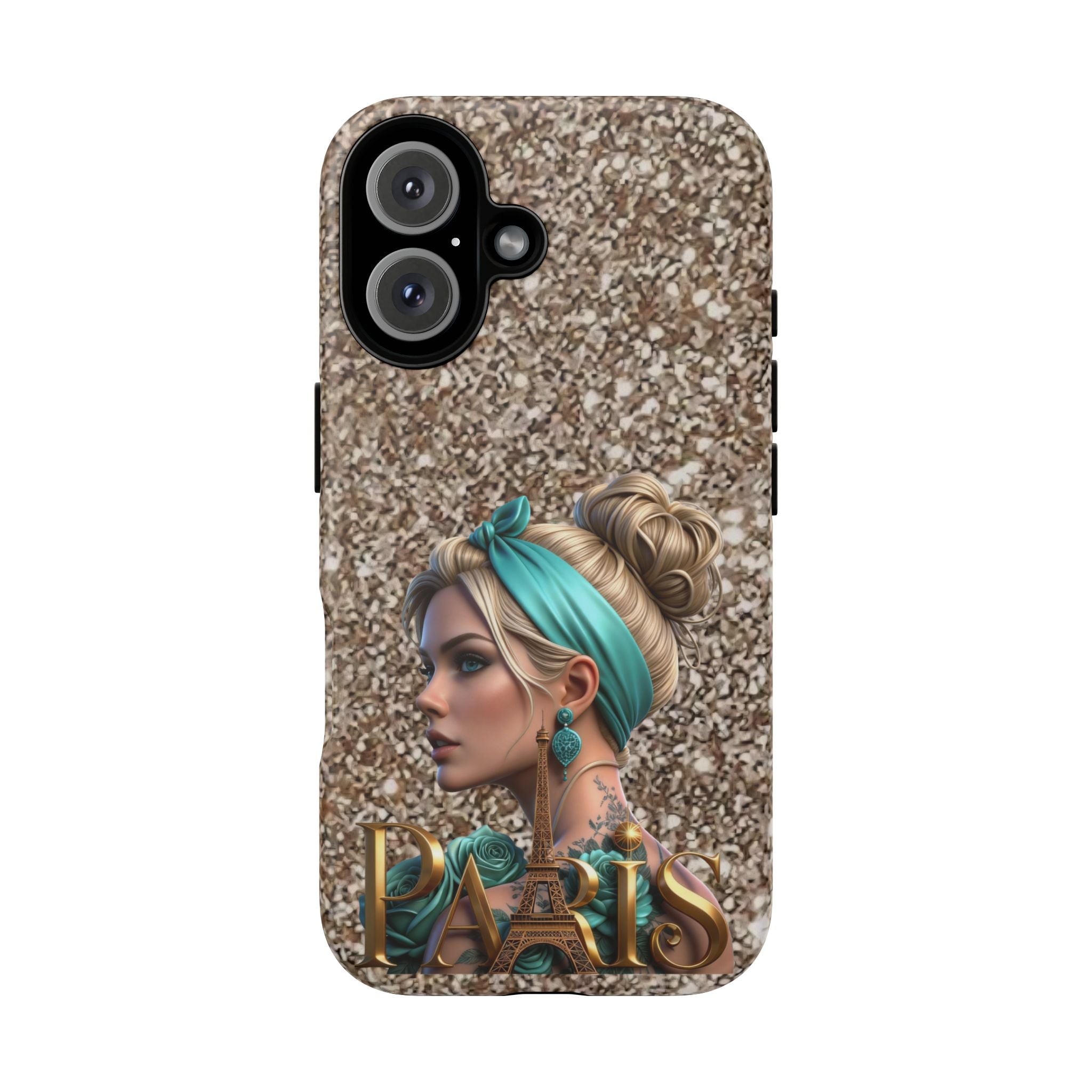 Parisian Glam Phone Case — Retro Pin-Up Girl with Teal Headscarf on Glitter Background Printify