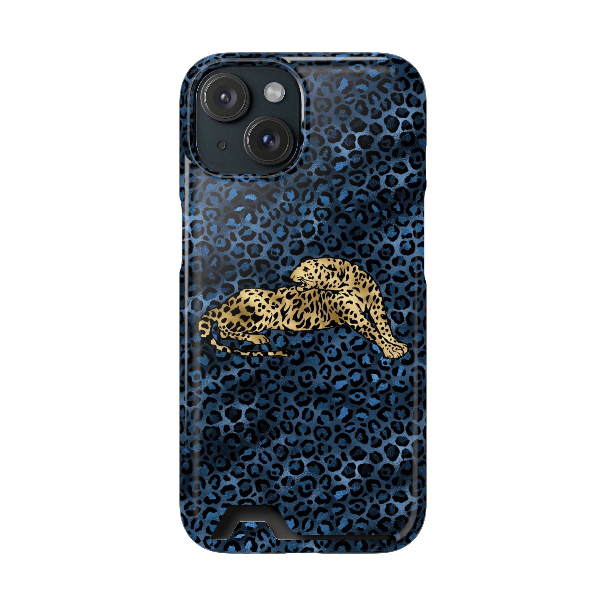 Blue Leopard Phone Case with Card Holder — Gold Cheetah Accent Printify