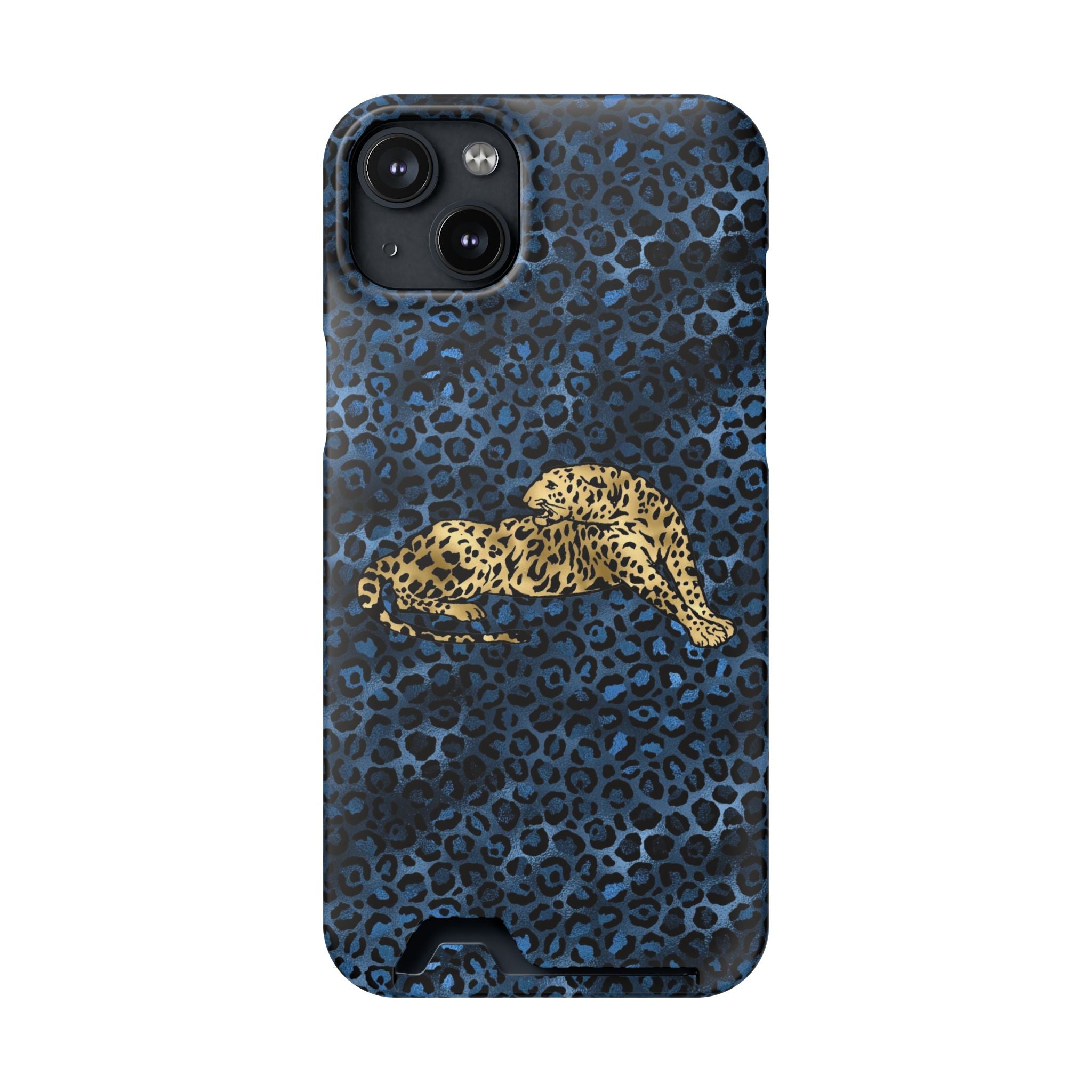 Blue Leopard Phone Case with Card Holder — Gold Cheetah Accent Printify