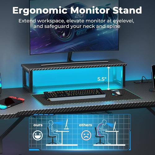 Small Gaming Desk with LED Lights & Power Outlets, 55 Inch Computer