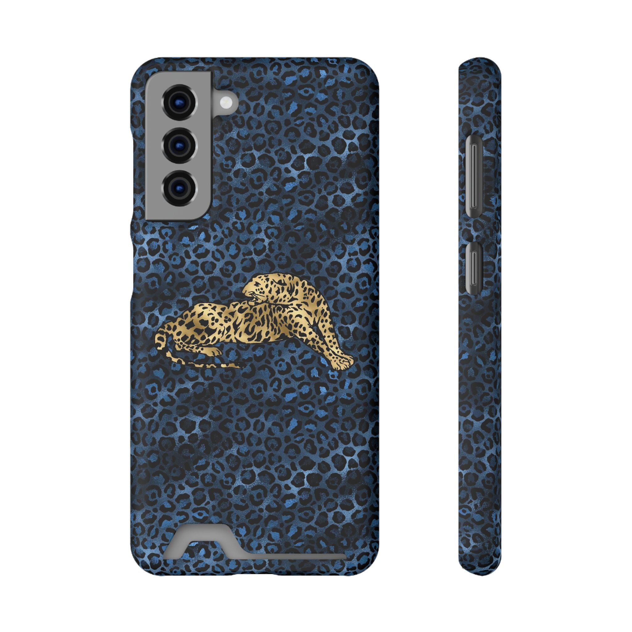 Blue Leopard Phone Case with Card Holder — Gold Cheetah Accent Printify