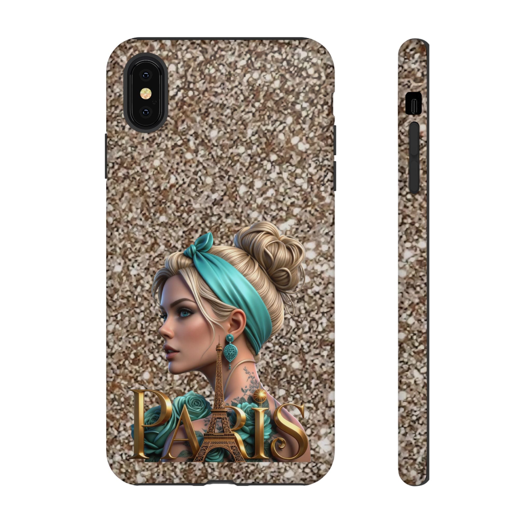 Parisian Glam Phone Case — Retro Pin-Up Girl with Teal Headscarf on Glitter Background Printify