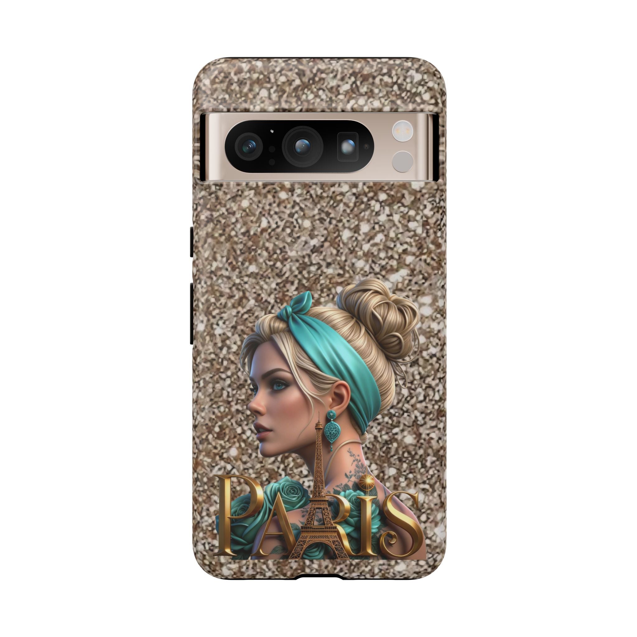Parisian Glam Phone Case — Retro Pin-Up Girl with Teal Headscarf on Glitter Background Printify