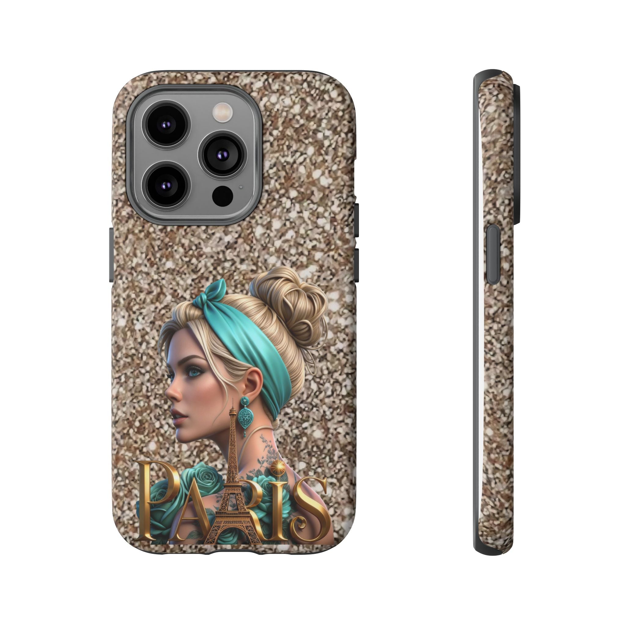 Parisian Glam Phone Case — Retro Pin-Up Girl with Teal Headscarf on Glitter Background Printify