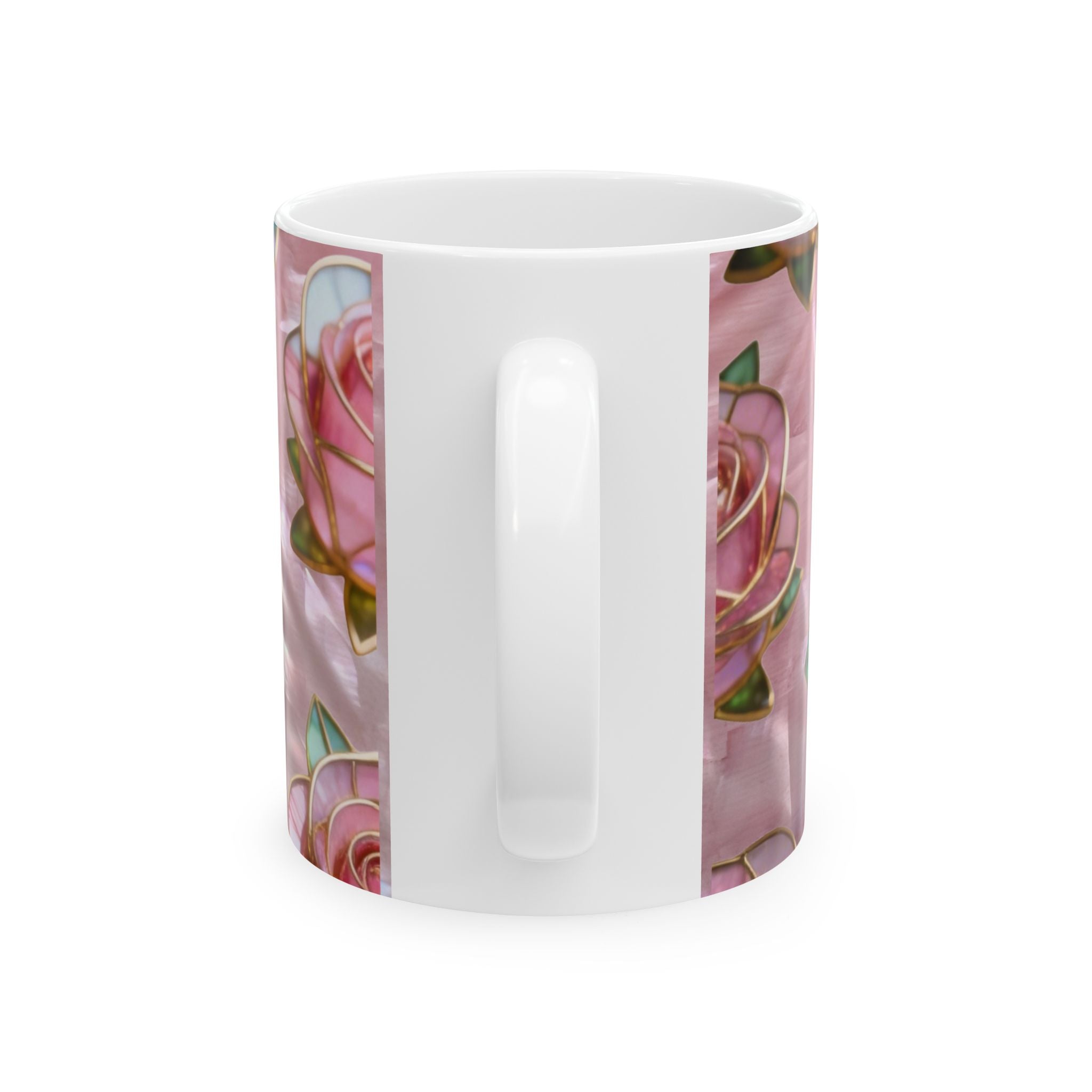 Pink Rose Pattern Ceramic Mug – Floral Vintage Stained-Glass Design (11oz & 15oz) Printify