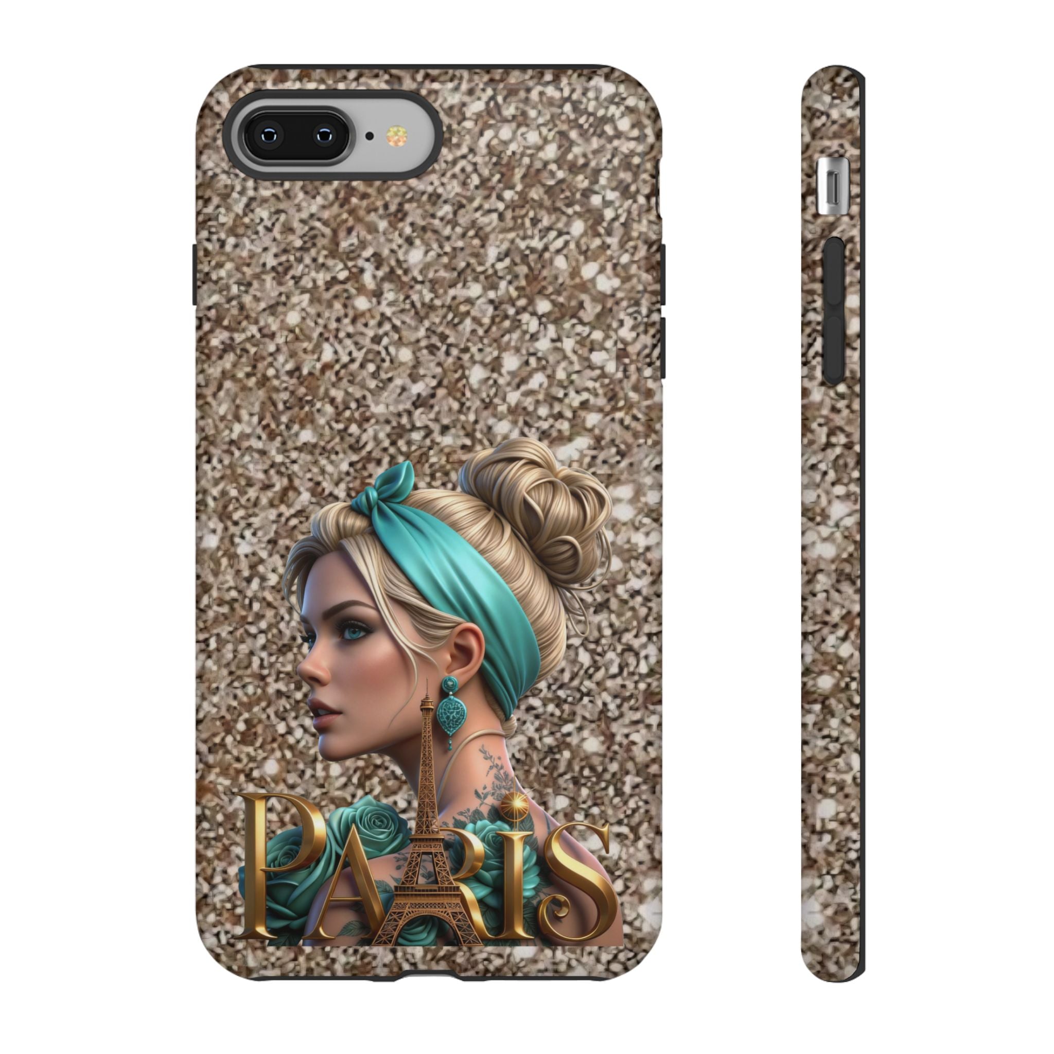 Parisian Glam Phone Case — Retro Pin-Up Girl with Teal Headscarf on Glitter Background Printify