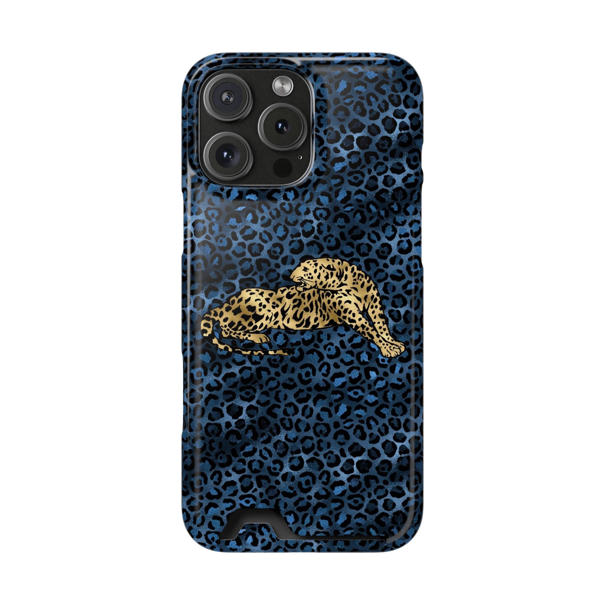 Blue Leopard Phone Case with Card Holder — Gold Cheetah Accent Printify
