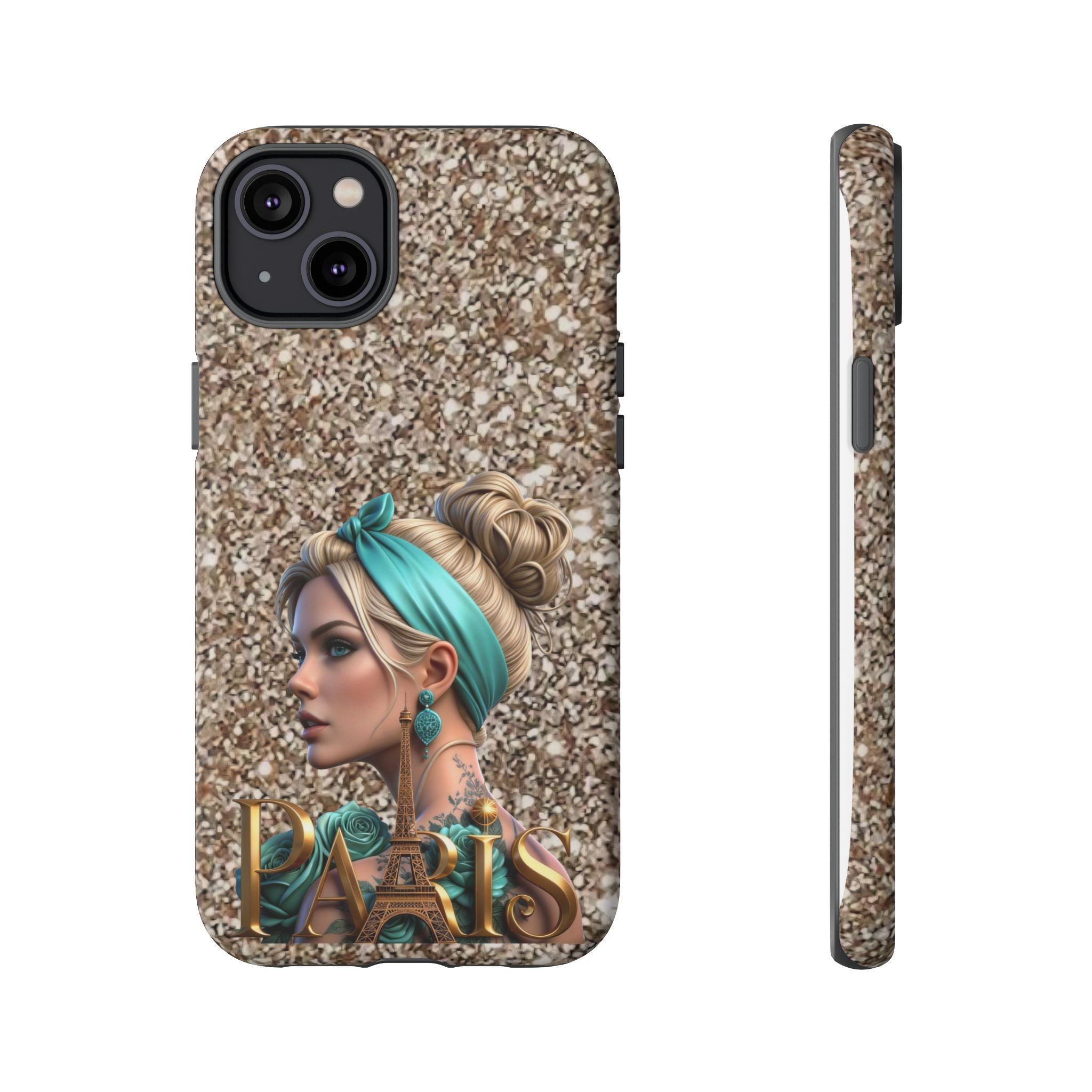 Parisian Glam Phone Case — Retro Pin-Up Girl with Teal Headscarf on Glitter Background Printify