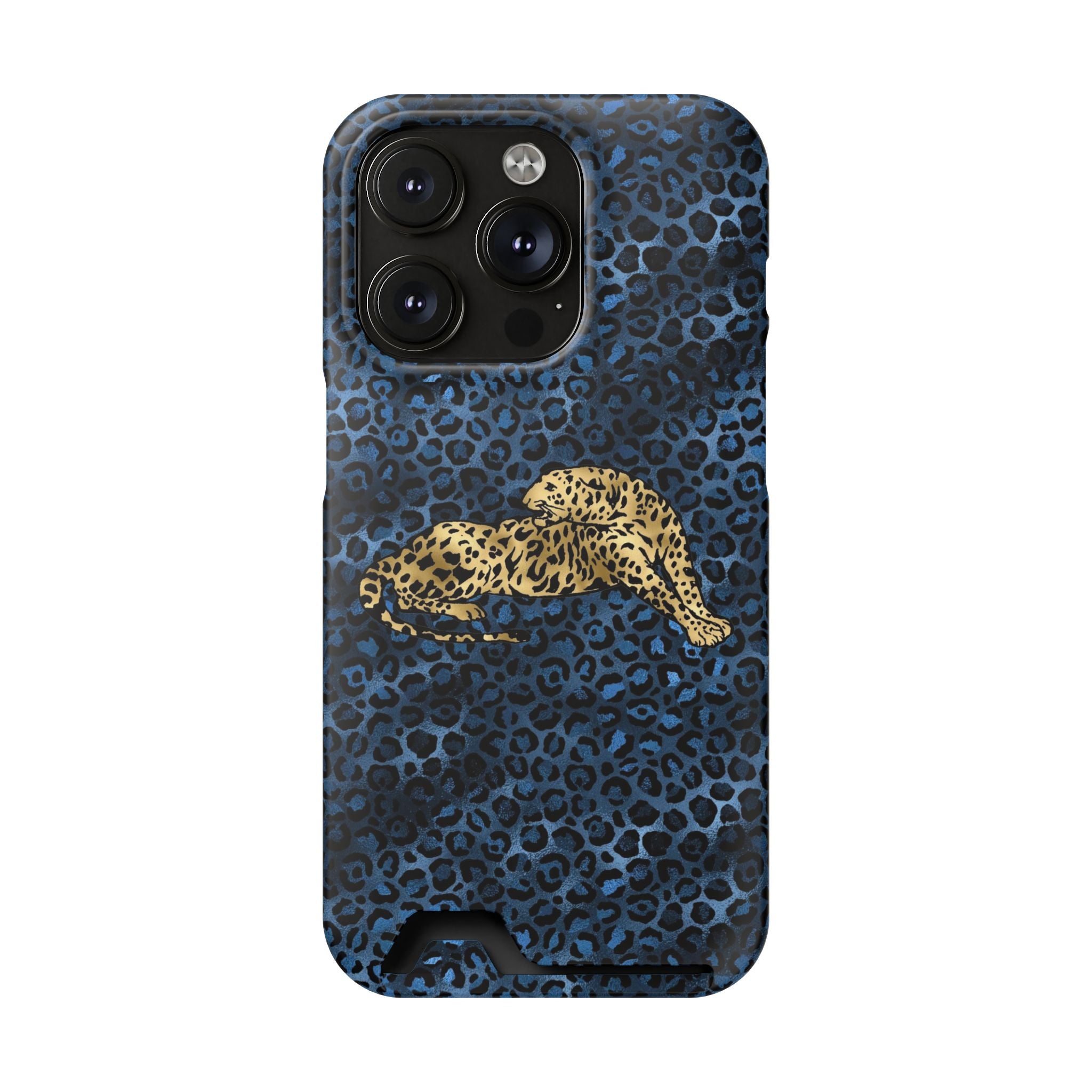 Blue Leopard Phone Case with Card Holder — Gold Cheetah Accent Printify