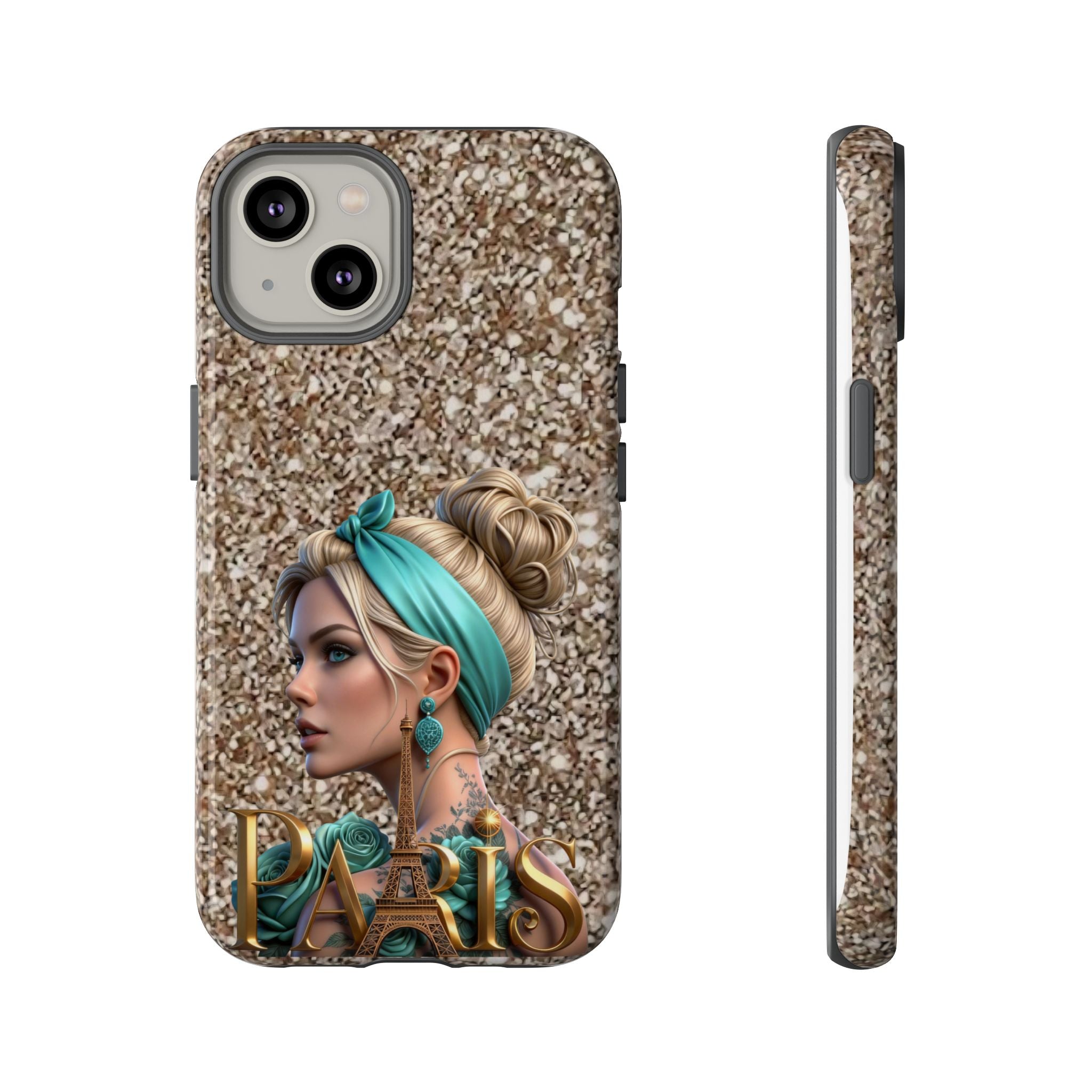 Parisian Glam Phone Case — Retro Pin-Up Girl with Teal Headscarf on Glitter Background Printify