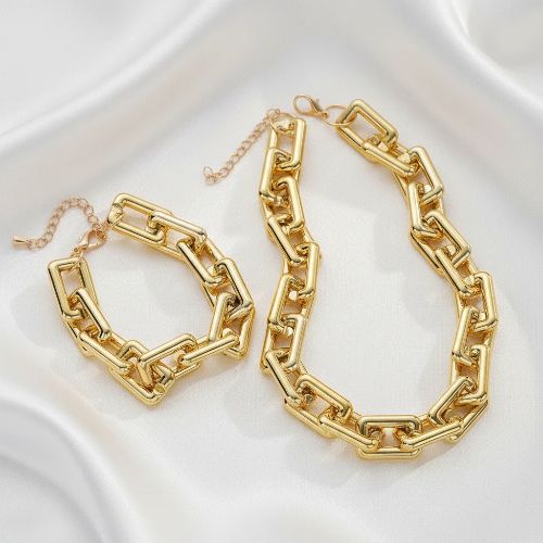 Geometric rectangular chunky chain bracelet and necklace set